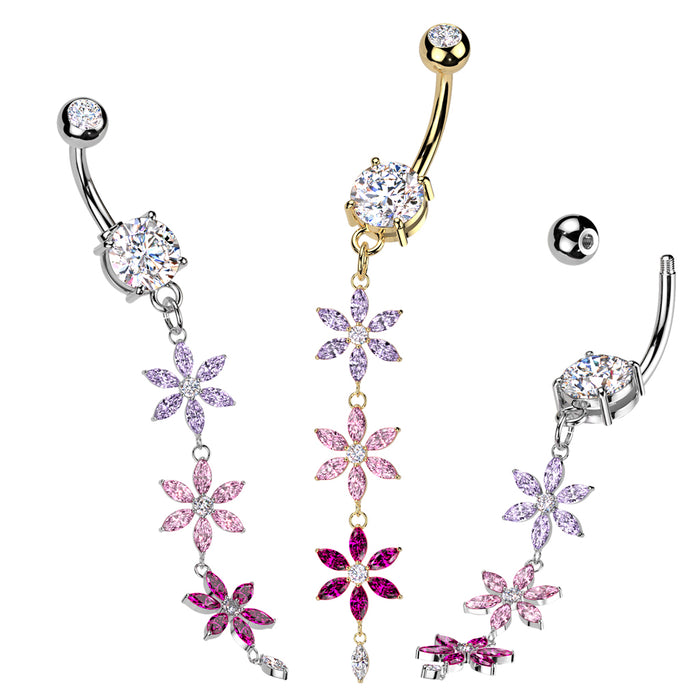 316L Surgical Steel Double Jeweled Belly Ring With Multicolor CZ Flower Dangle