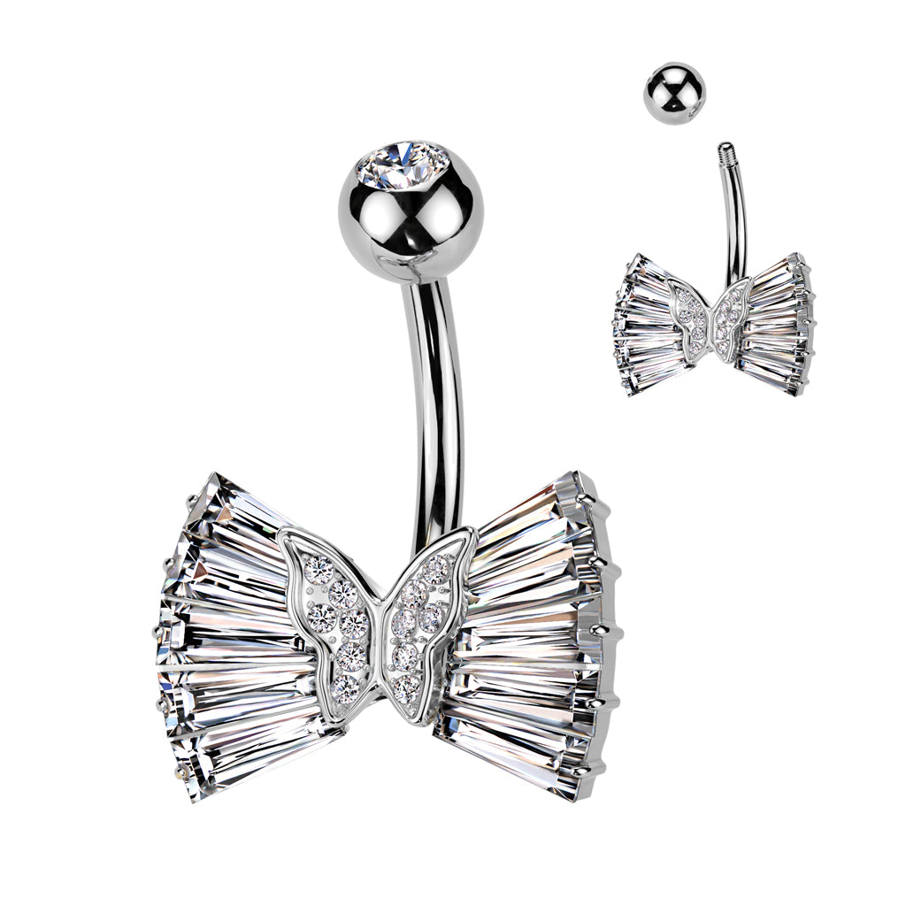 316L Surgical Steel CZ Ribbon With CZ Butterfly Center Belly Button Navel Ring - Clear
