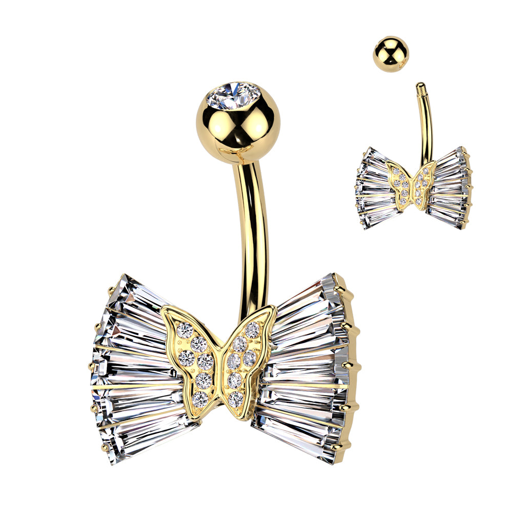 316L Surgical Steel CZ Ribbon With CZ Butterfly Center Belly Button Navel Ring - Gold/Clear