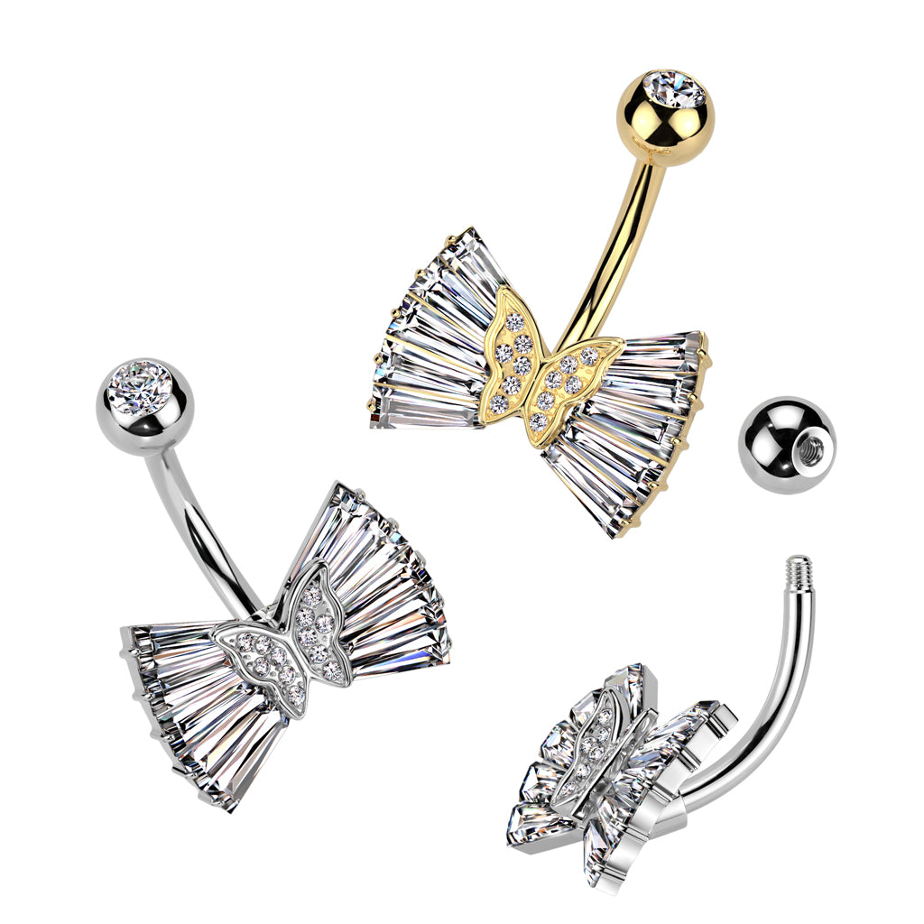 316L Surgical Steel CZ Ribbon With CZ Butterfly Center Belly Button Navel Ring - all colors