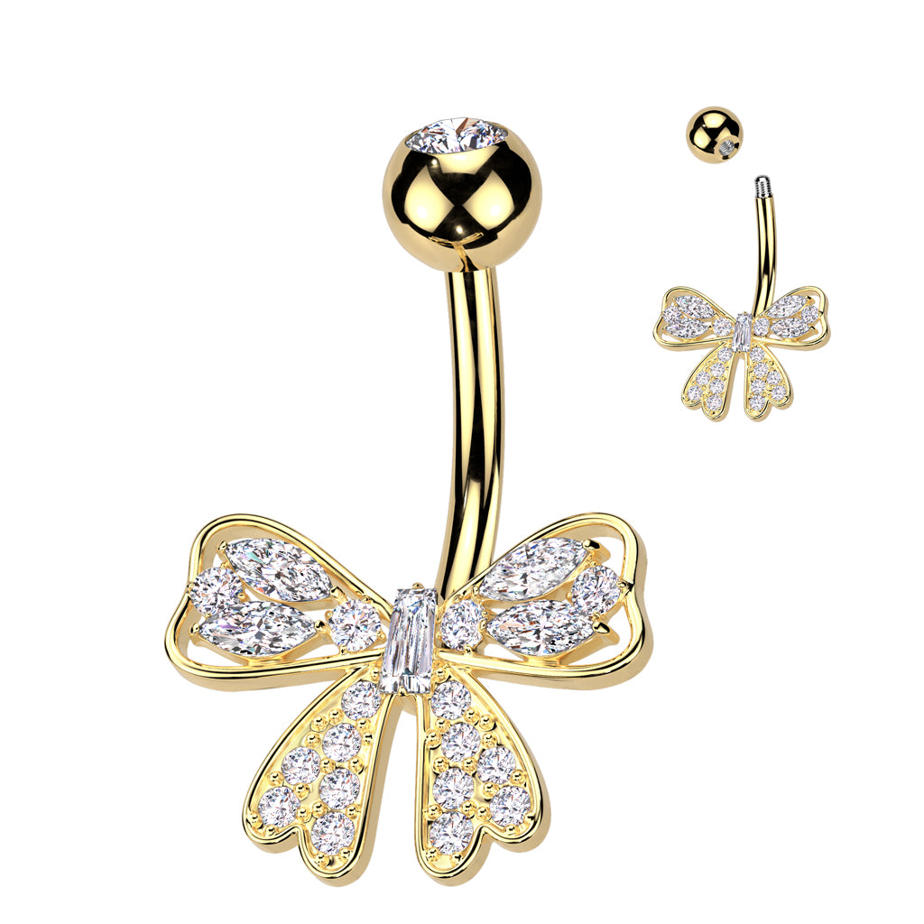 316L Surgical Steel Pave CZ Ribbon Belly Button Navel Ring - Gold/Clear