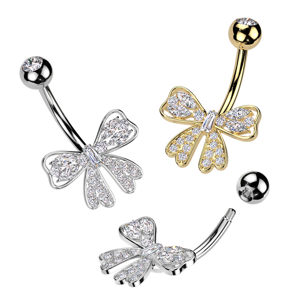 316L Surgical Steel Pave CZ Ribbon Belly Button Navel Ring - all colors