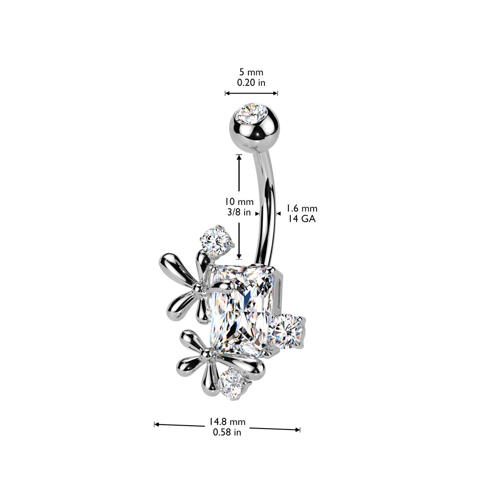 316L Surgical Steel CZ Rectangle With Flower and CZ Edge Belly Button Navel Ring size chart
