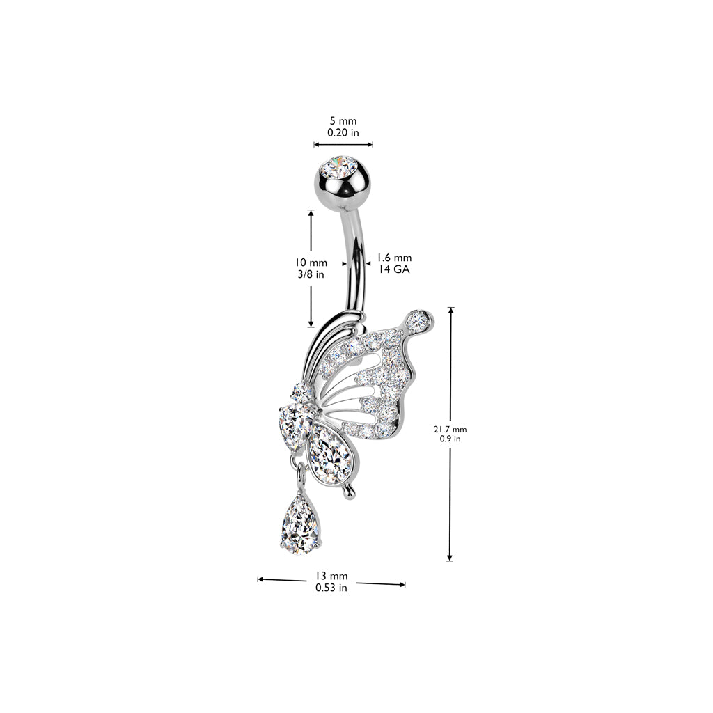 316L Surgical Steel Pave CZ Butterfly Wing With Teardrop CZ Dangle Belly Button Navel Ring size chart