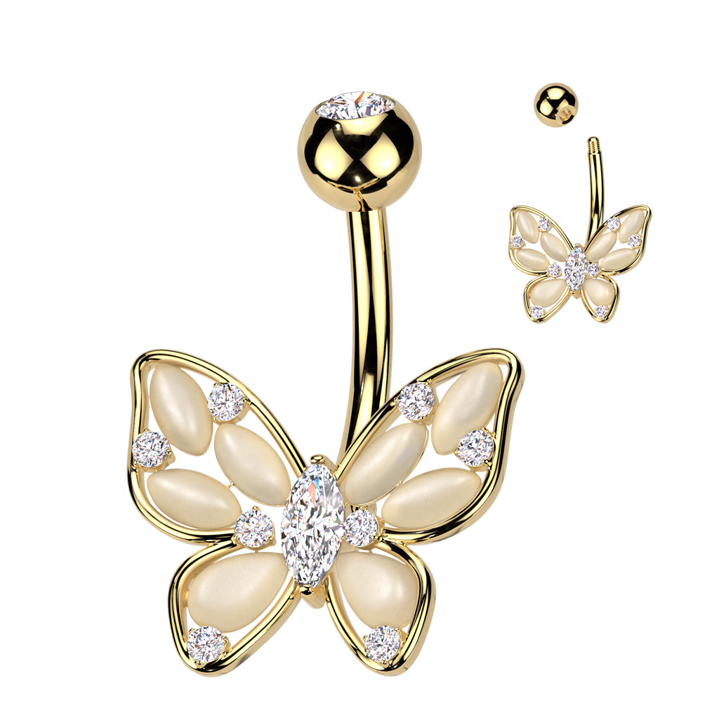 Cat's Eye Butterfly Belly Button Ring with Marquise CZ - Gold/Clear