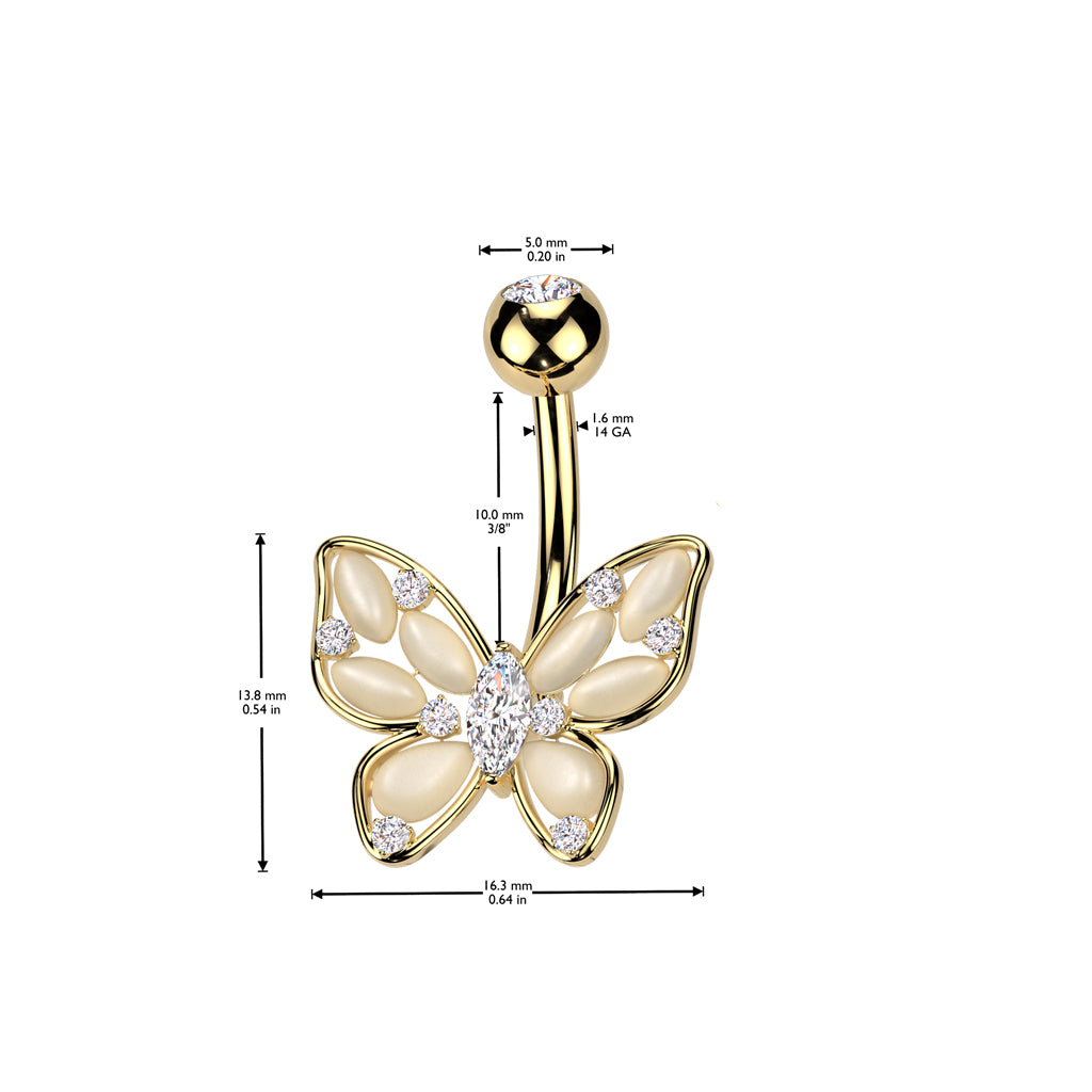 316L Surgical Steel Cat's Eye Butterfly Belly Button Navel Ring With Marquise CZ Center size chart