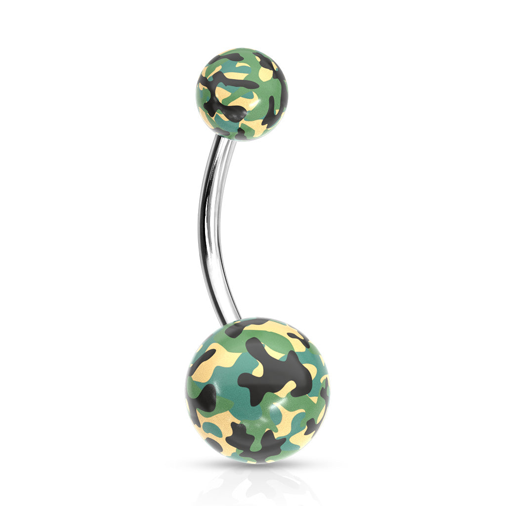 Camouflage Printed Balls Acrylic Navel Ring - Green/Brown Camouflage