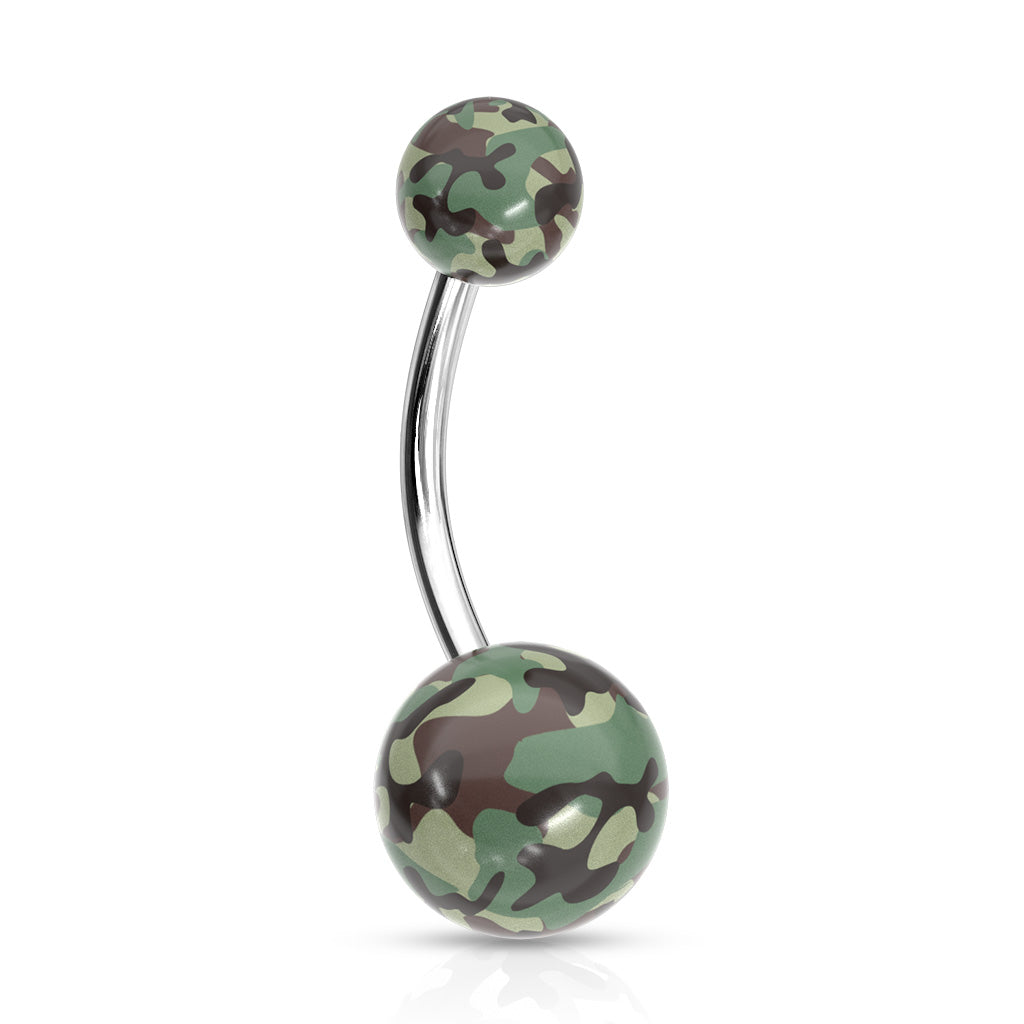 Camouflage Printed Balls Acrylic Navel Ring - Green/White Camouflage