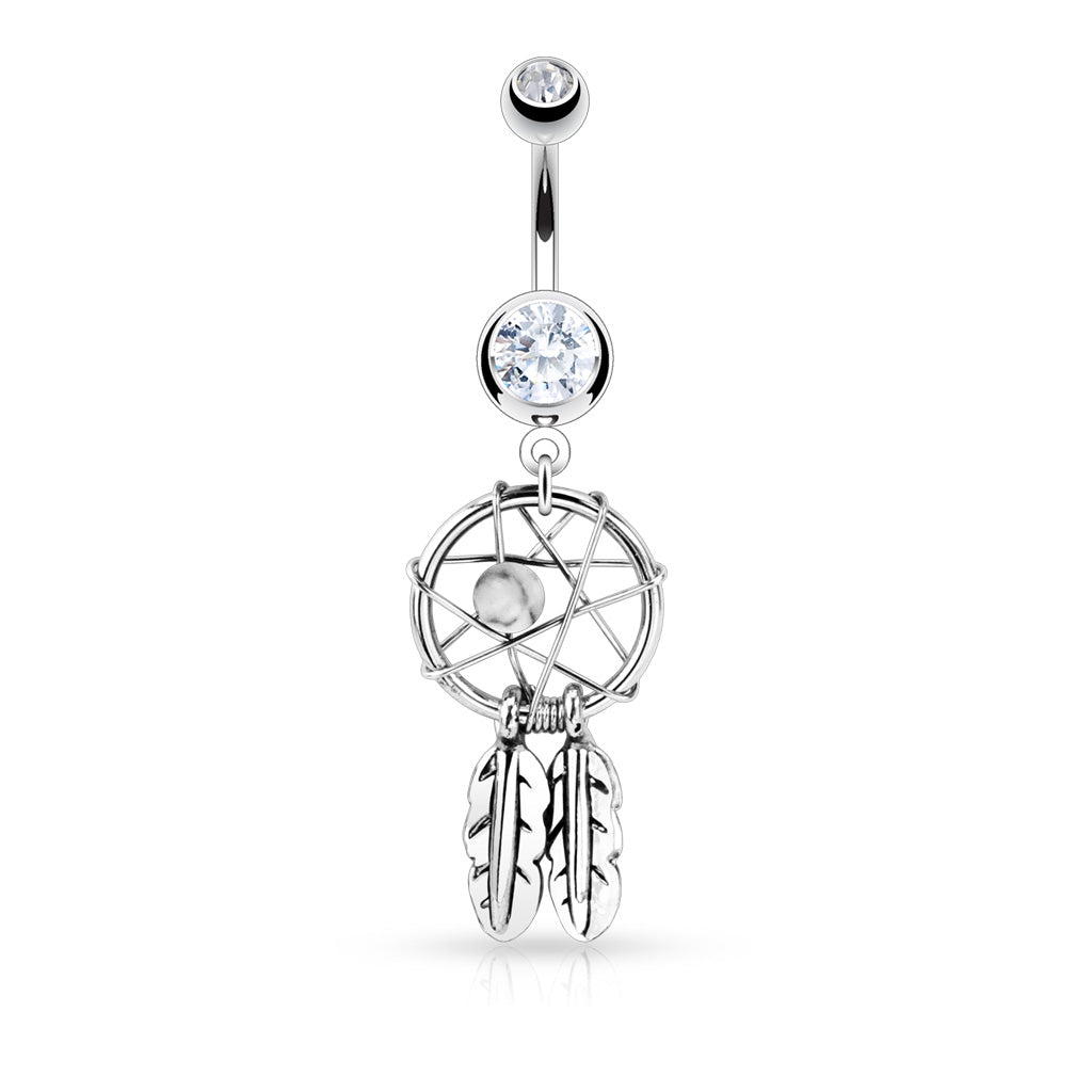 316L Surgical Steel Dream Catcher Woven Star Design With Bead and Feathers Fancy Belly Button Ring - Clear