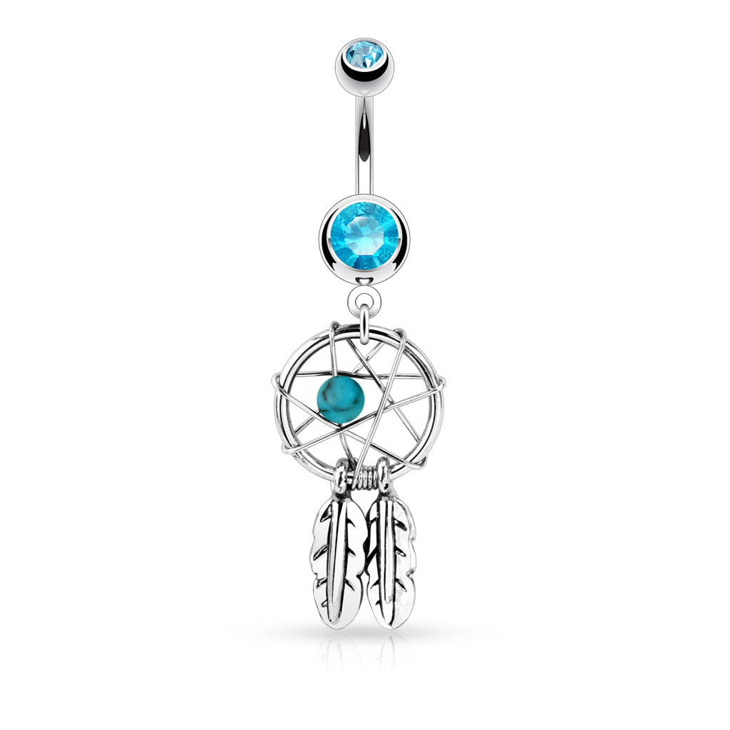 316L Surgical Steel Dream Catcher Woven Star Design With Bead and Feathers Fancy Belly Button Ring - Aqua