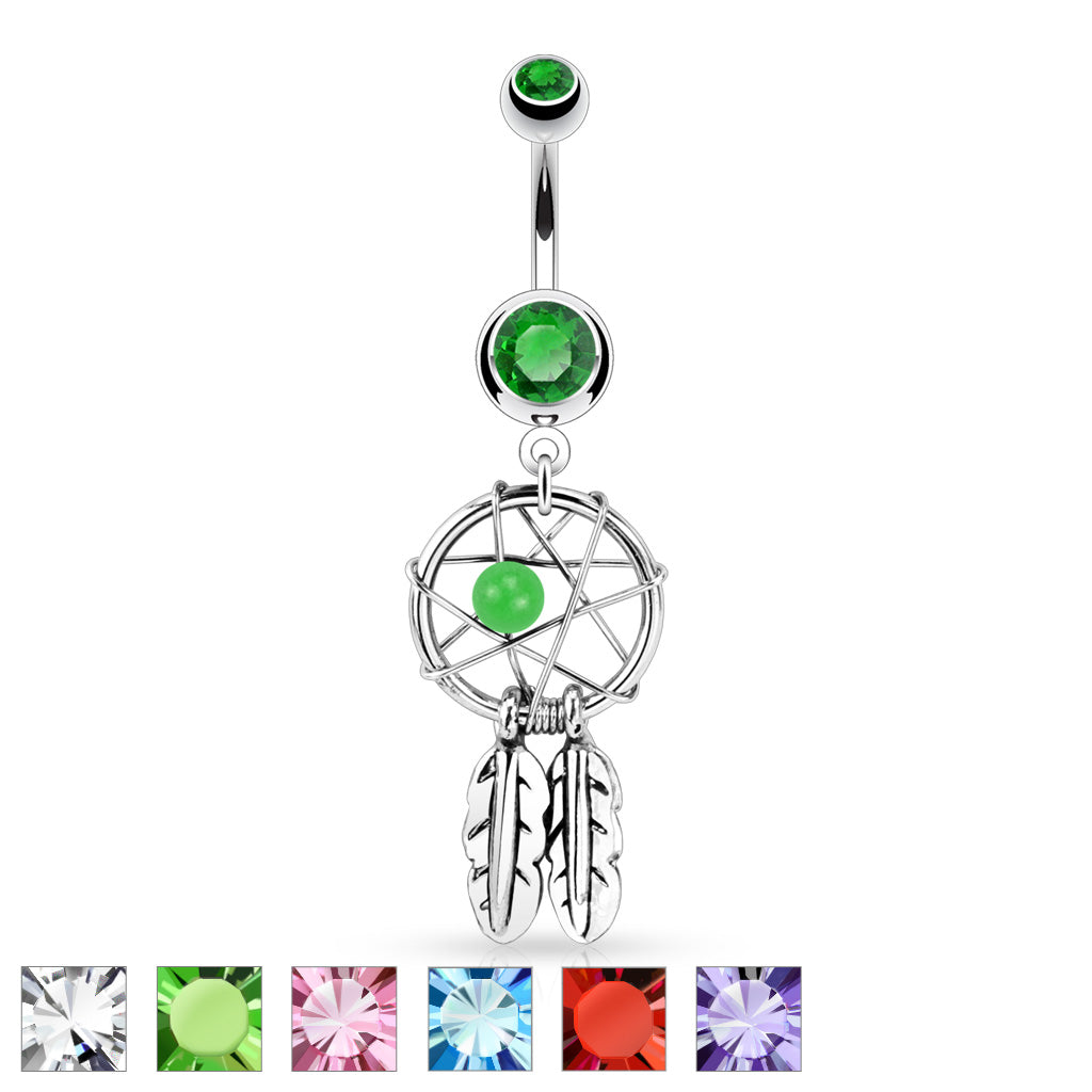 316L Surgical Steel Dream Catcher Woven Star Design With Bead and Feathers Fancy Belly Button Ring - all colors