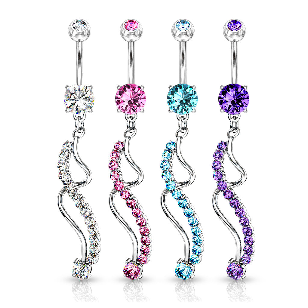 316L Surgical Steel Assorted Spiral Dangle Multi CZ Belly Button Ring Dozen Pack - all colors
