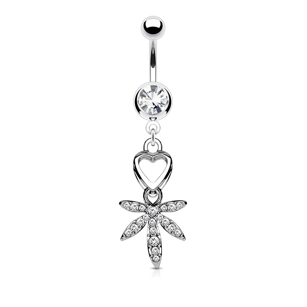 316L Surgical Steel Navel Heart and Gem Pave Pot Leaf Dangle Belly Button Ring - Clear