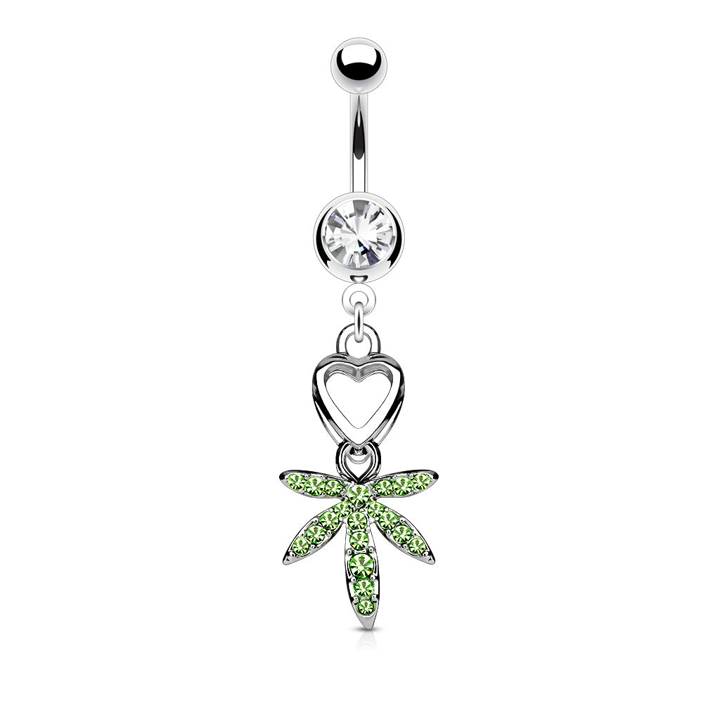 316L Surgical Steel Navel Heart and Gem Pave Pot Leaf Dangle Belly Button Ring