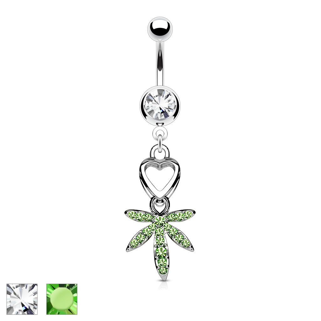 316L Surgical Steel Navel Heart and Gem Pave Pot Leaf Dangle Belly Button Ring - all colors