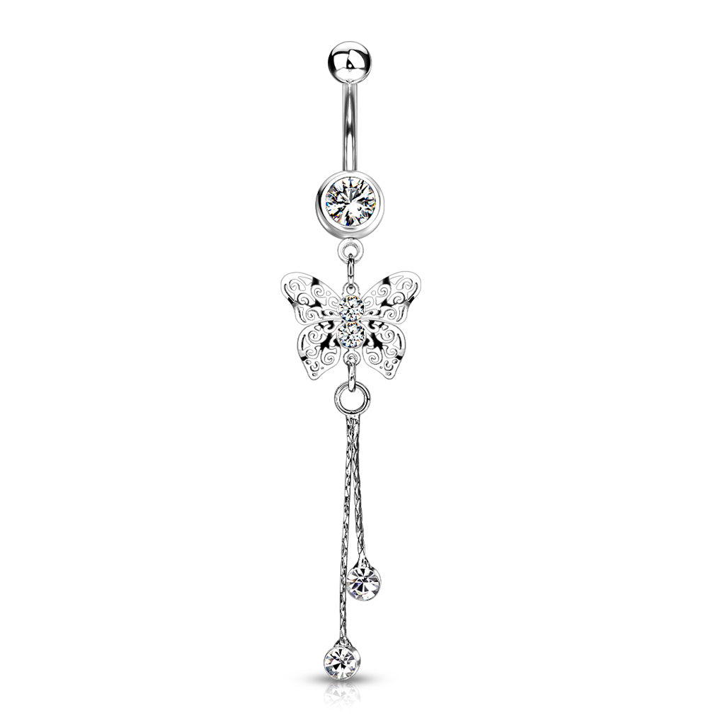 316L Surgical Steel Laser Cut Royal Butterfly With CZ Dangle Belly Button Ring - Clear