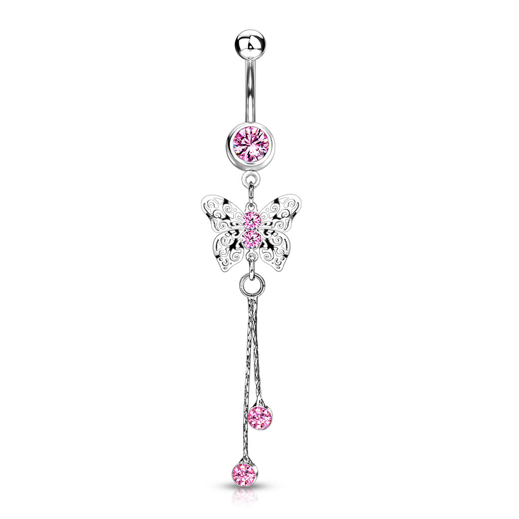 316L Surgical Steel Laser Cut Royal Butterfly With CZ Dangle Belly Button Ring - Pink