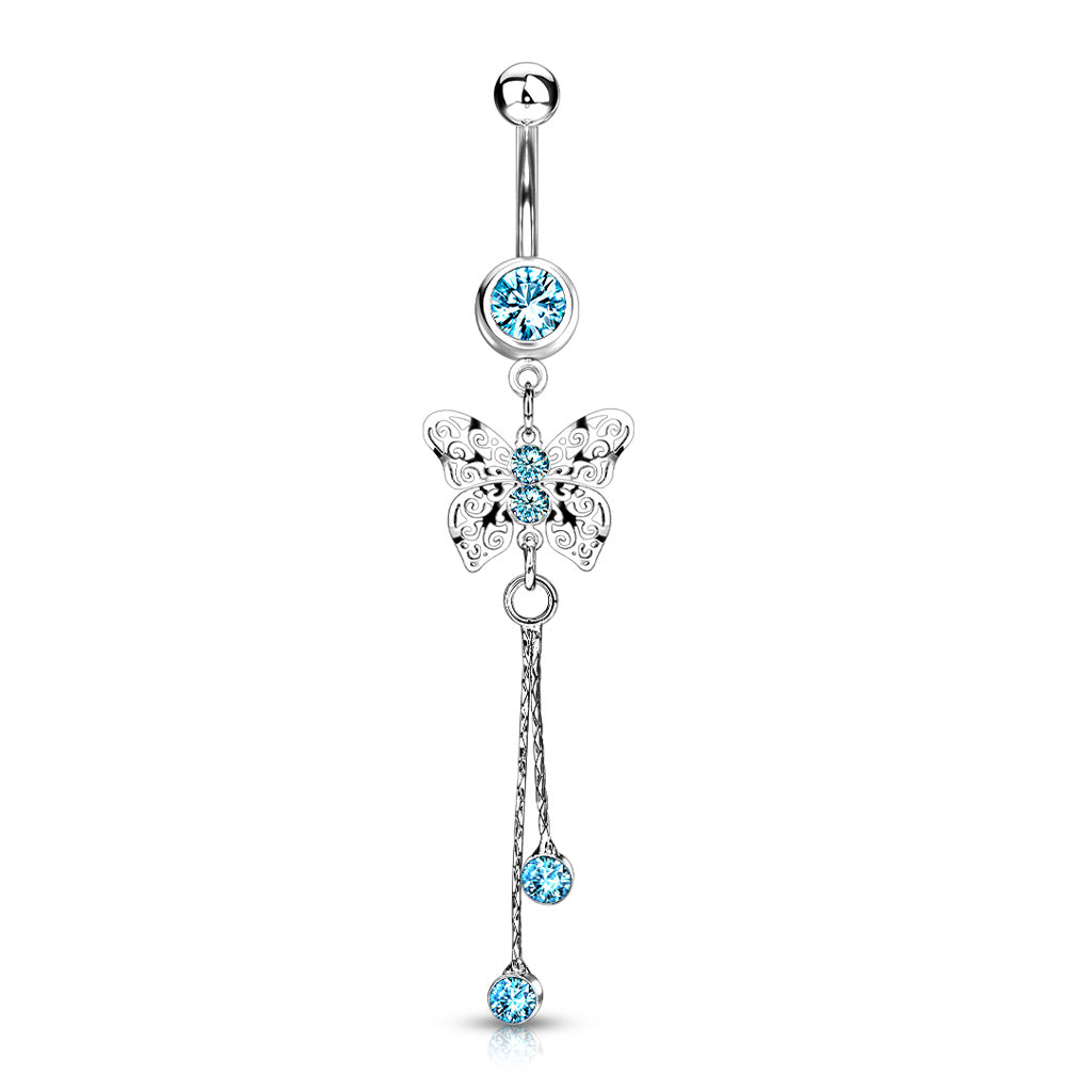 316L Surgical Steel Laser Cut Royal Butterfly With CZ Dangle Belly Button Ring - Aqua