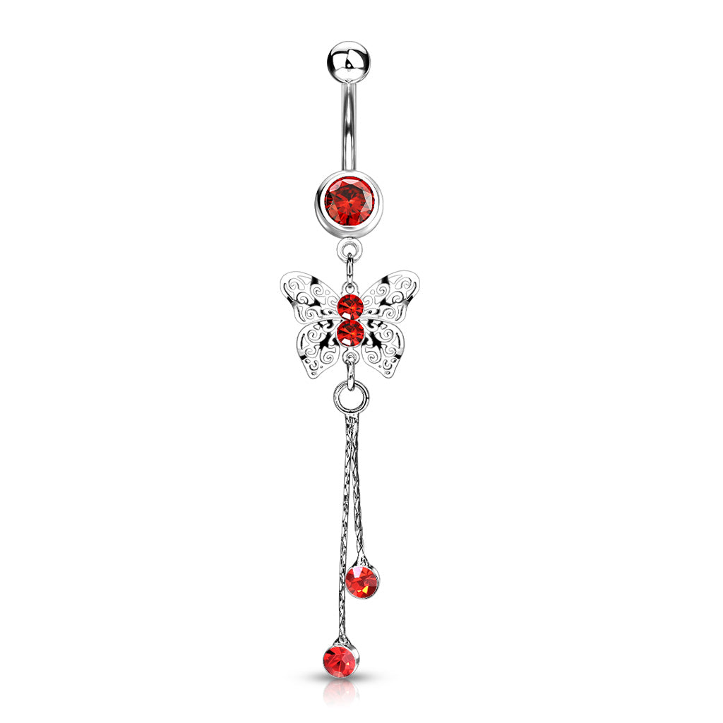 316L Surgical Steel Laser Cut Royal Butterfly With CZ Dangle Belly Button Ring - Red