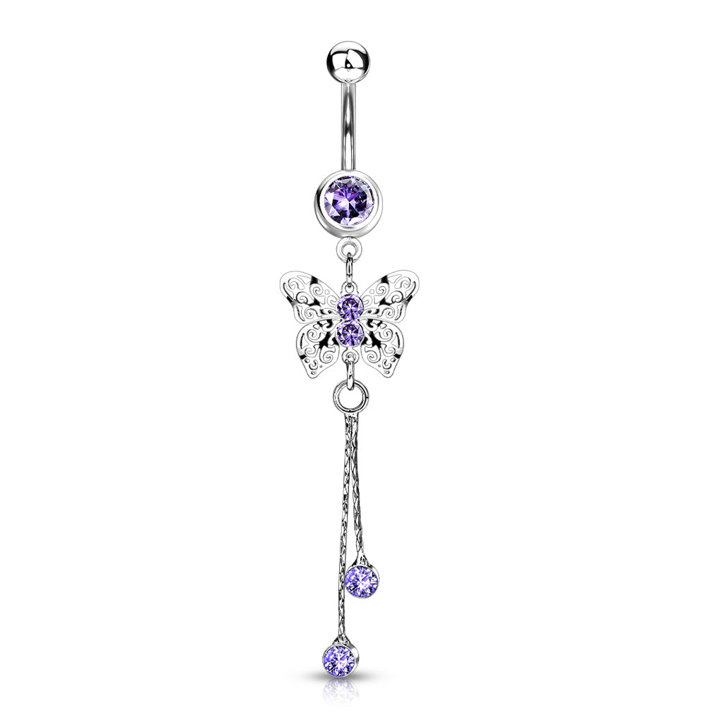 316L Surgical Steel Laser Cut Royal Butterfly With CZ Dangle Belly Button Ring - Tanzanite