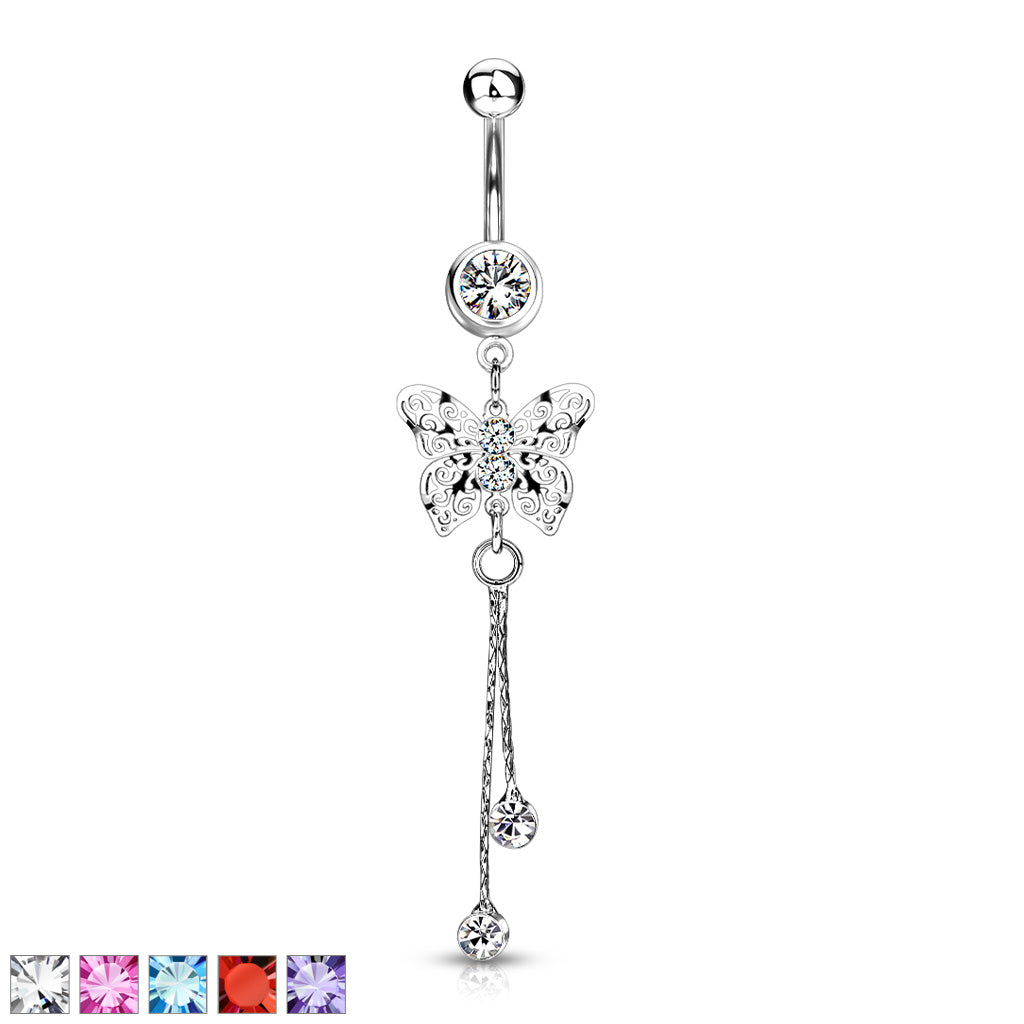 316L Surgical Steel Laser Cut Royal Butterfly With CZ Dangle Belly Button Ring - all colors