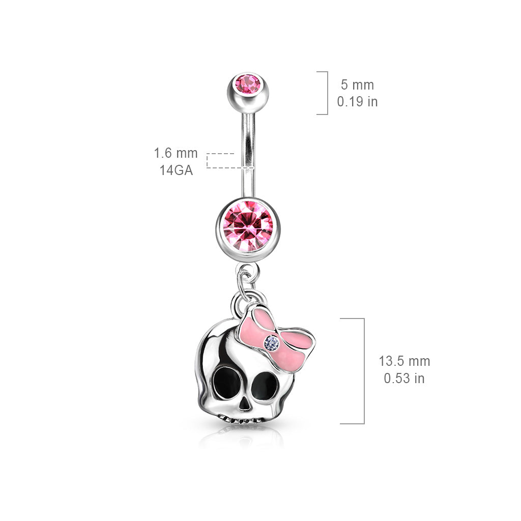 316L Surgical Steel Cute Skull With Paved Gem and Epoxy Bow Belly Button Ring size chart