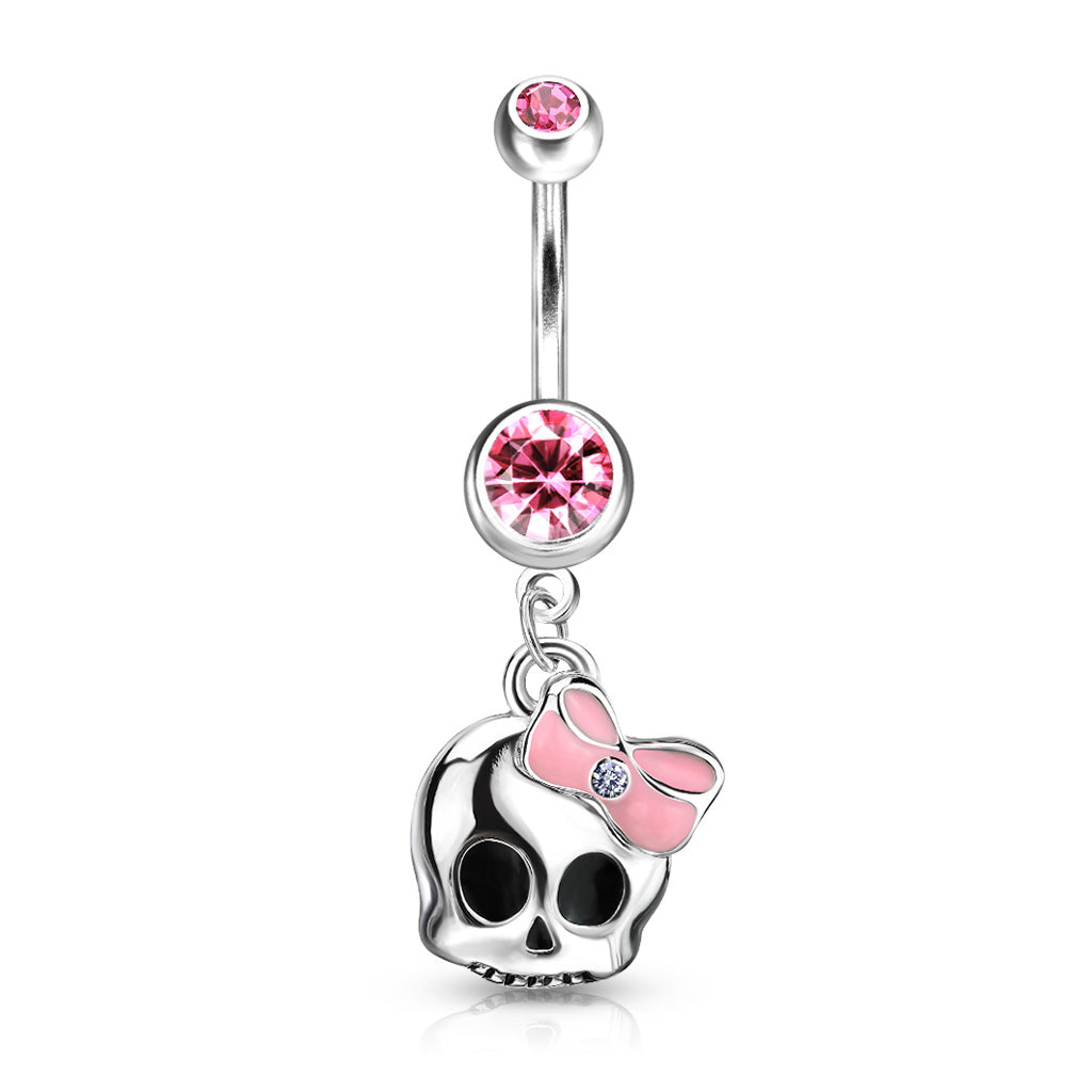 316L Surgical Steel Cute Skull With Paved Gem and Epoxy Bow Belly Button Ring - all colors