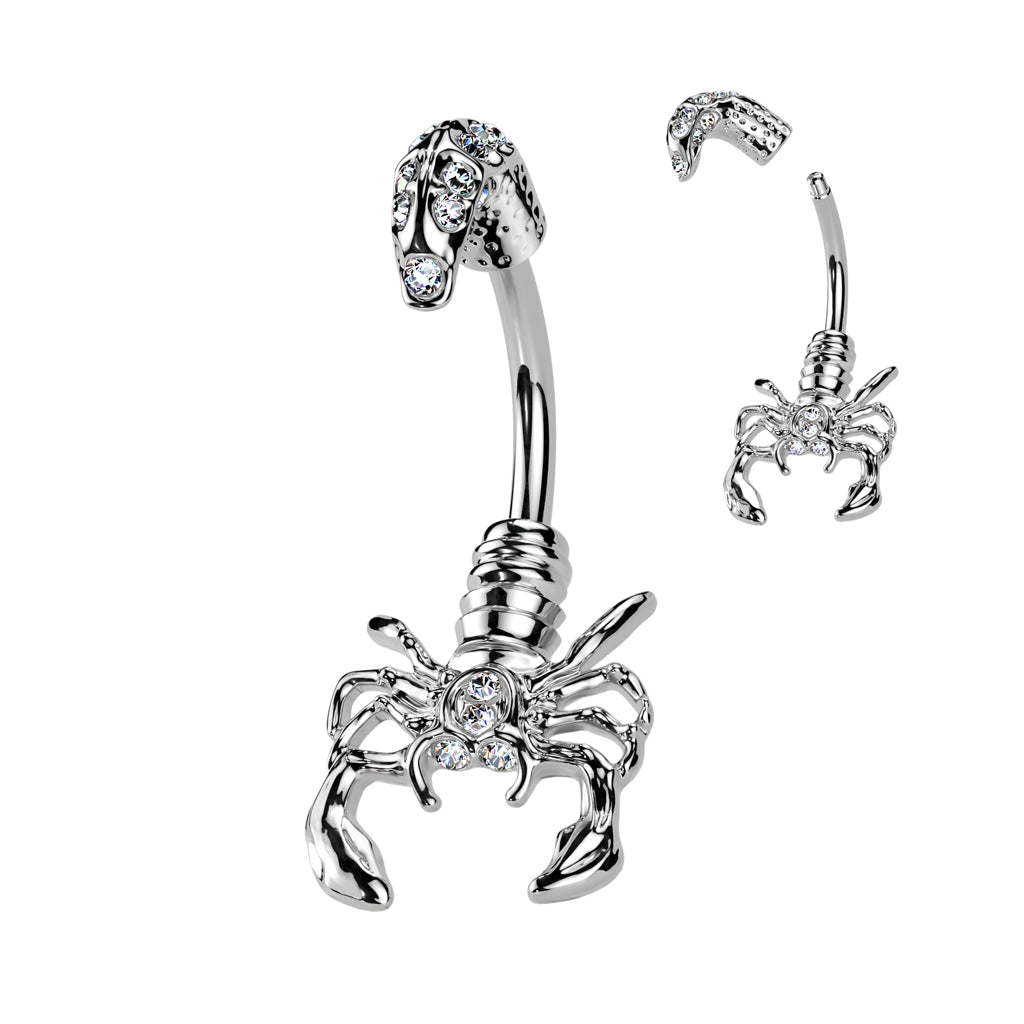 316L Surgical Steel Scorpion With Multi Gemmed Head and Tail Belly Button Ring - Clear