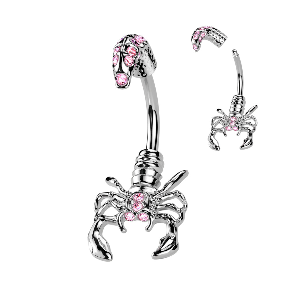 316L Surgical Steel Scorpion With Multi Gemmed Head and Tail Belly Button Ring - Pink