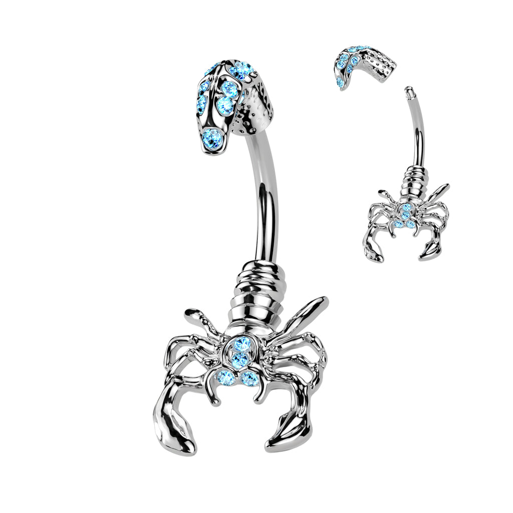 316L Surgical Steel Scorpion With Multi Gemmed Head and Tail Belly Button Ring - Aqua