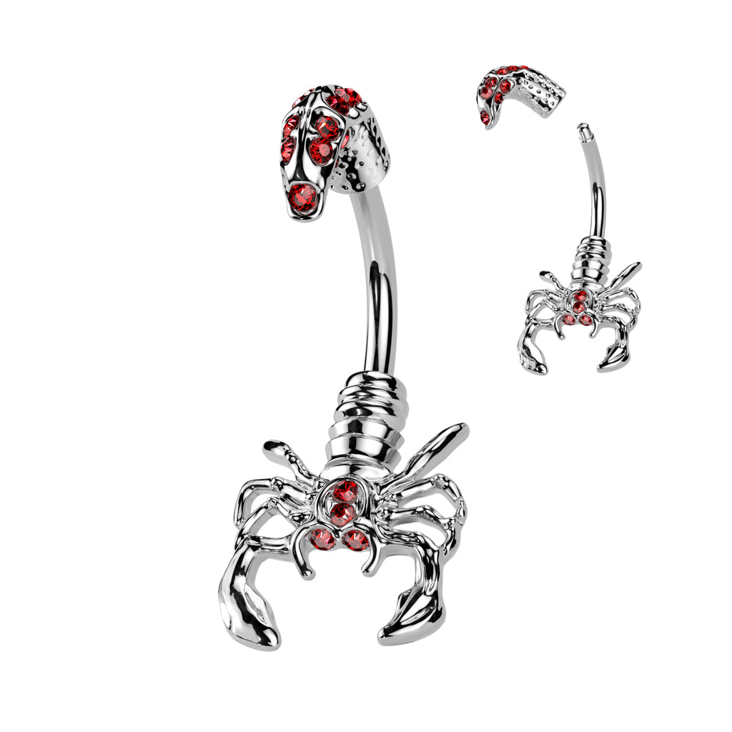 316L Surgical Steel Scorpion With Multi Gemmed Head and Tail Belly Button Ring - Red