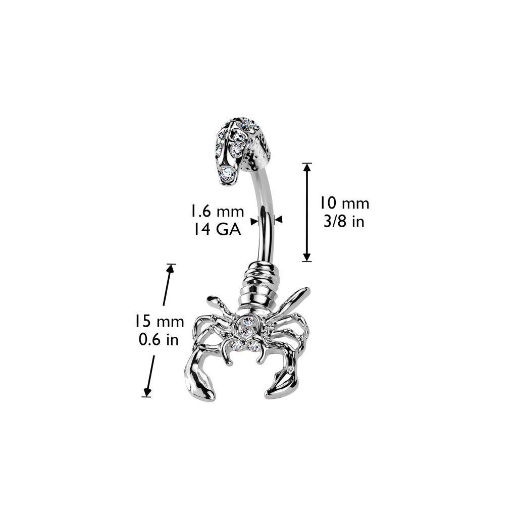 316L Surgical Steel Scorpion With Multi Gemmed Head and Tail Belly Button Ring size chart