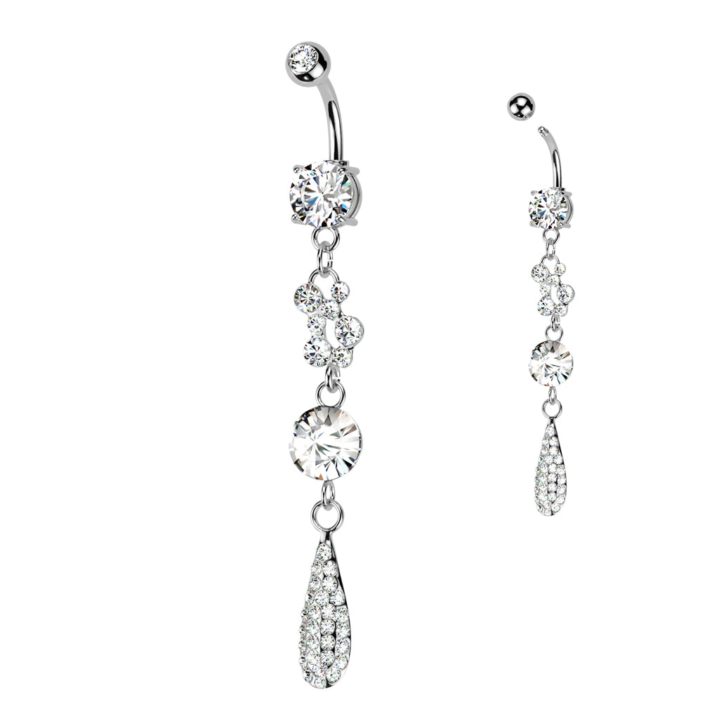 Tear Droplets with Multi Paved CZ Navel Ring 316L Surgical Steel - Clear
