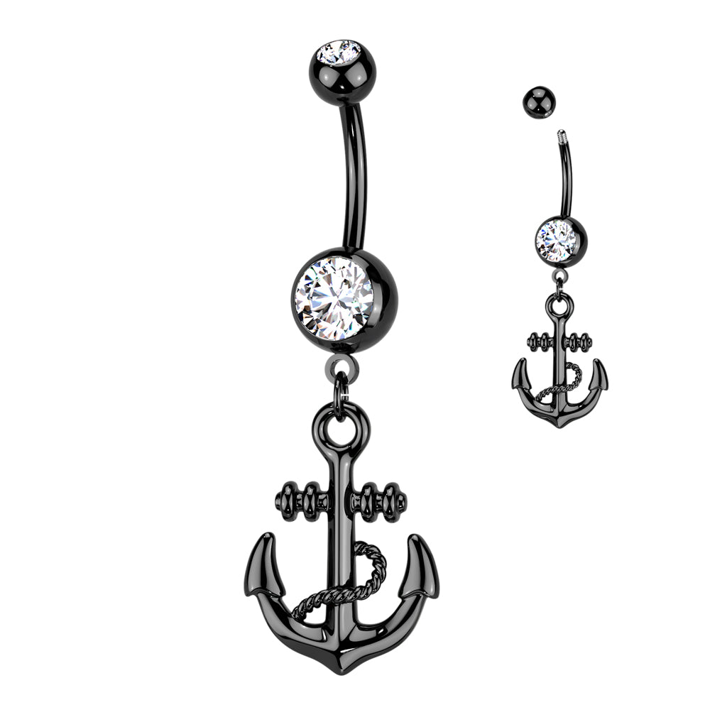 Black Anchor Dangle Navel Ring 316L Surgical Steel - Clear