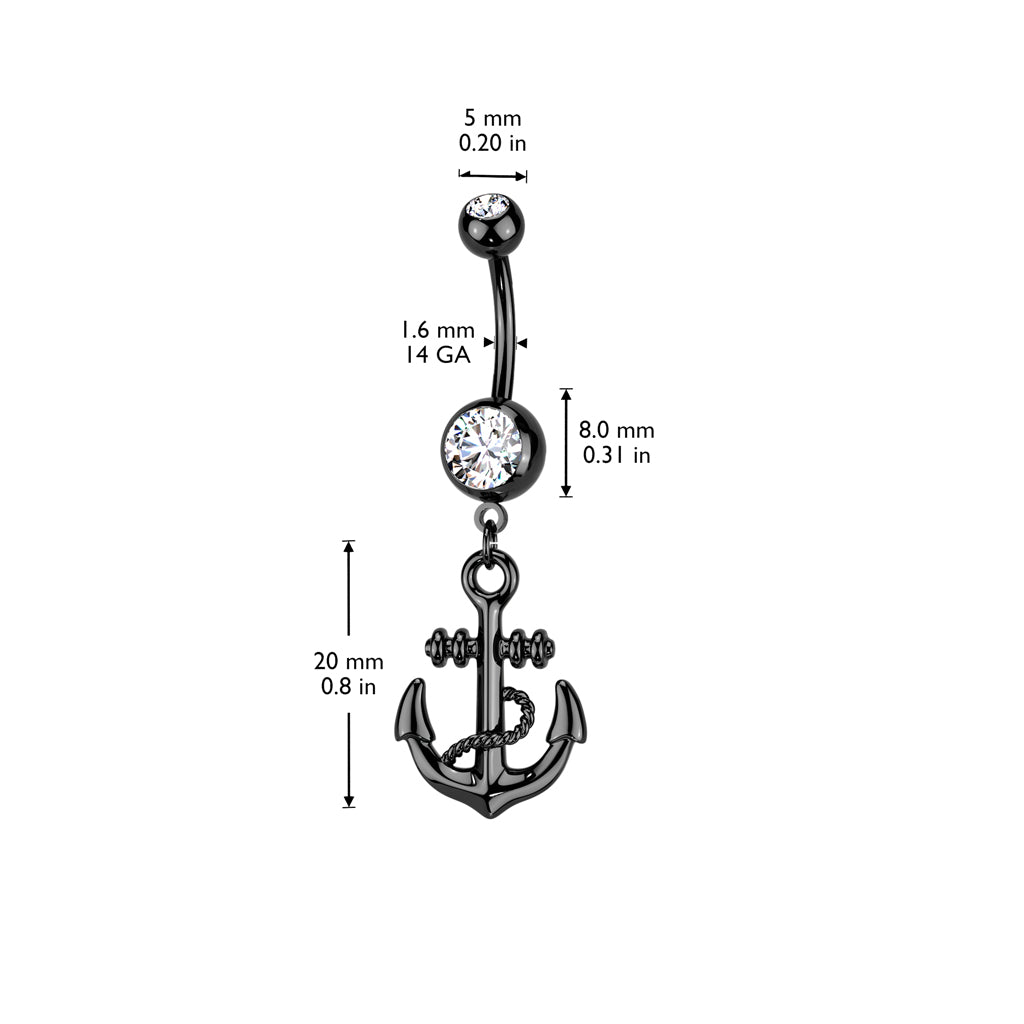 Black Anchor Dangle Navel Ring 316L Surgical Steel size chart