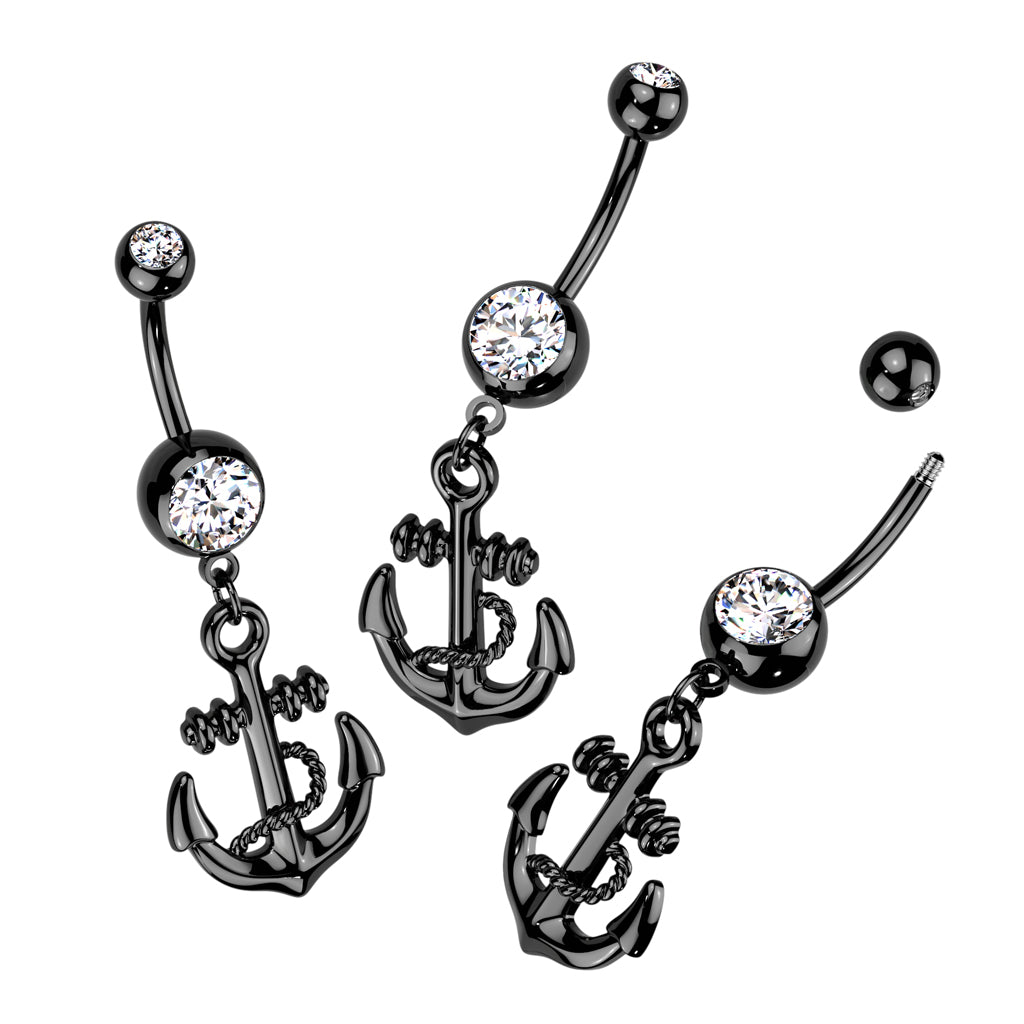 Black Anchor Dangle Navel Ring 316L Surgical Steel - all colors