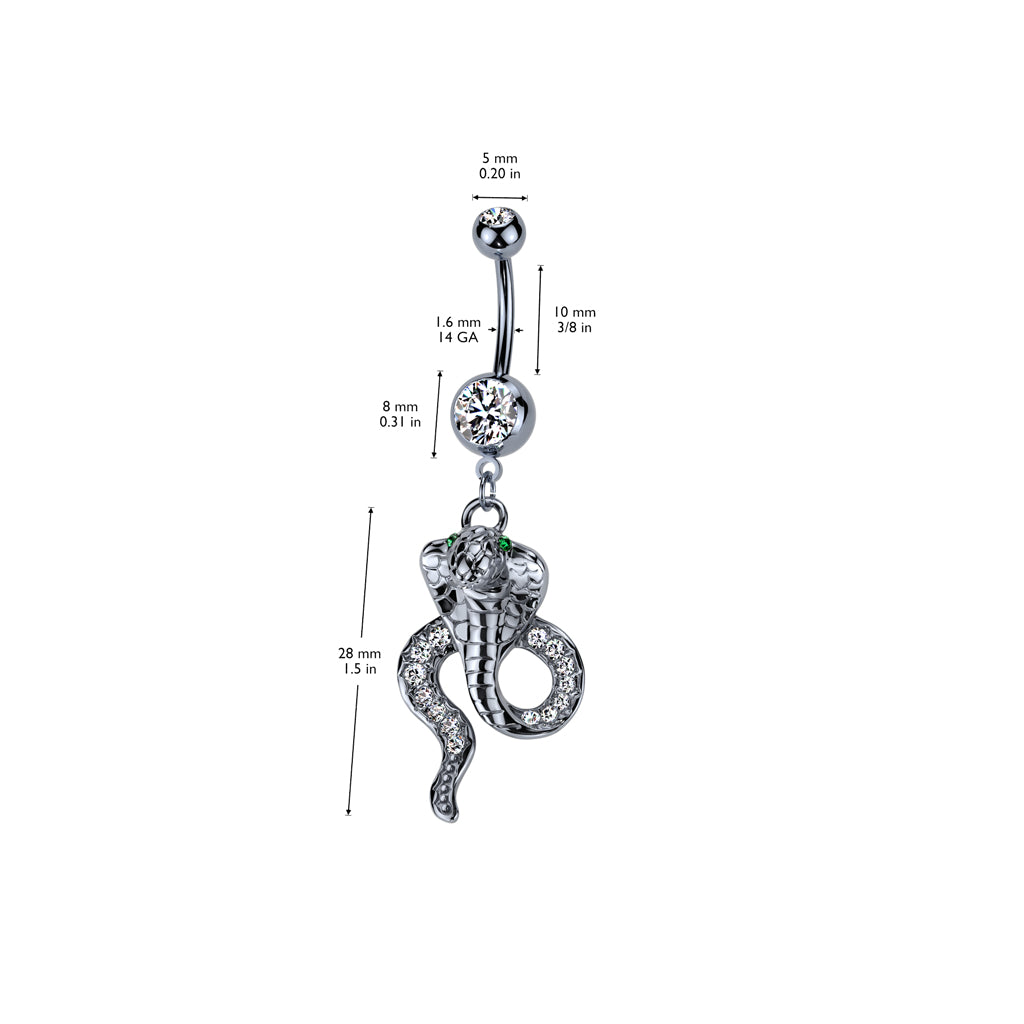 316L Surgical Steel Cobra Hematite With Green CZ Eyes Dangle Belly Button Ring size chart