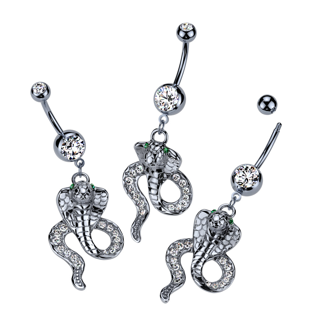 316L Surgical Steel Cobra Hematite With Green CZ Eyes Dangle Belly Button Ring - all colors