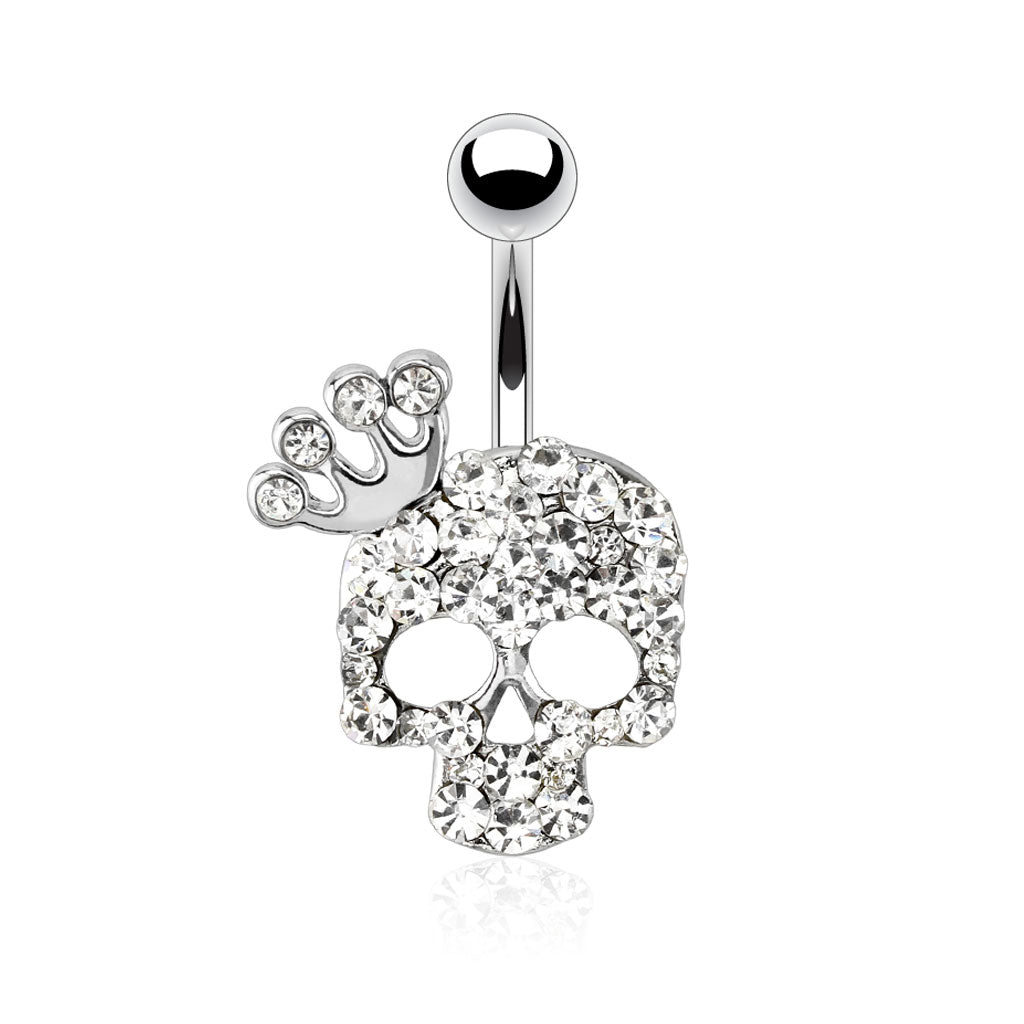 316L Surgical Steel Skull With Paved Gem and Gemmed Four Point Crown Belly Button Ring - all colors