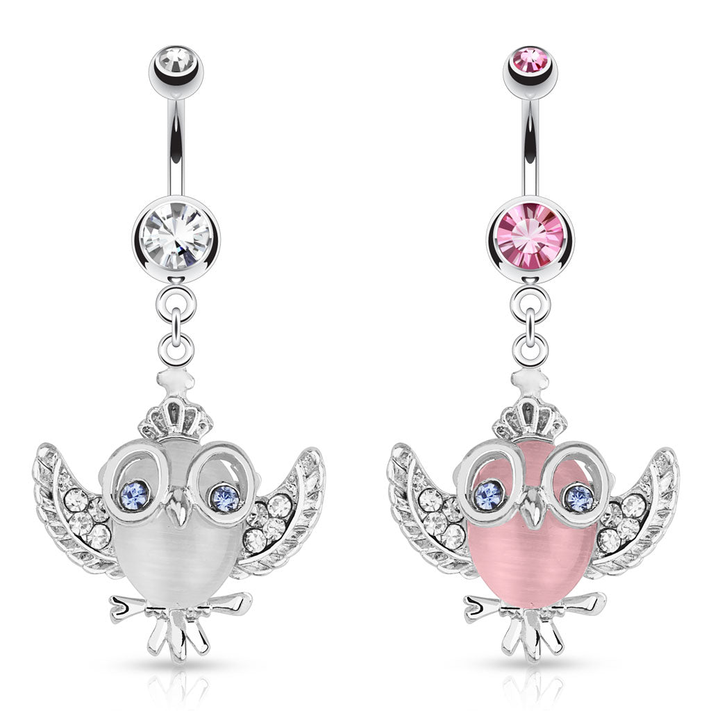 316L Surgical Steel Crowned Owl With Gemmed Wings and Eyes Dangle Belly Button Ring - all colors