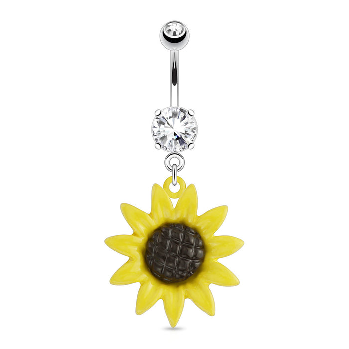316L Surgical Steel Metal Sunflower Dangle With CZ Belly Button Ring