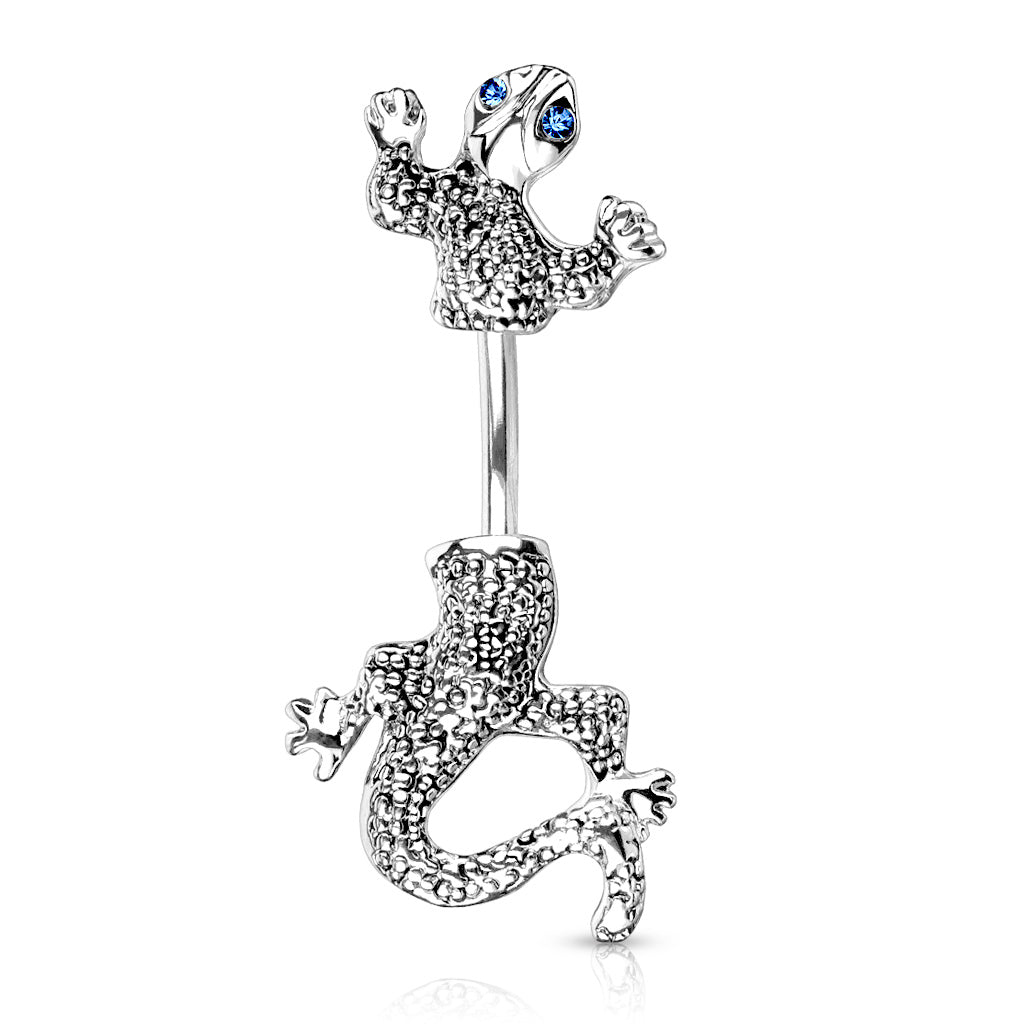316L Surgical Steel CZ Eyed Chameleon Belly Button Ring - Blue