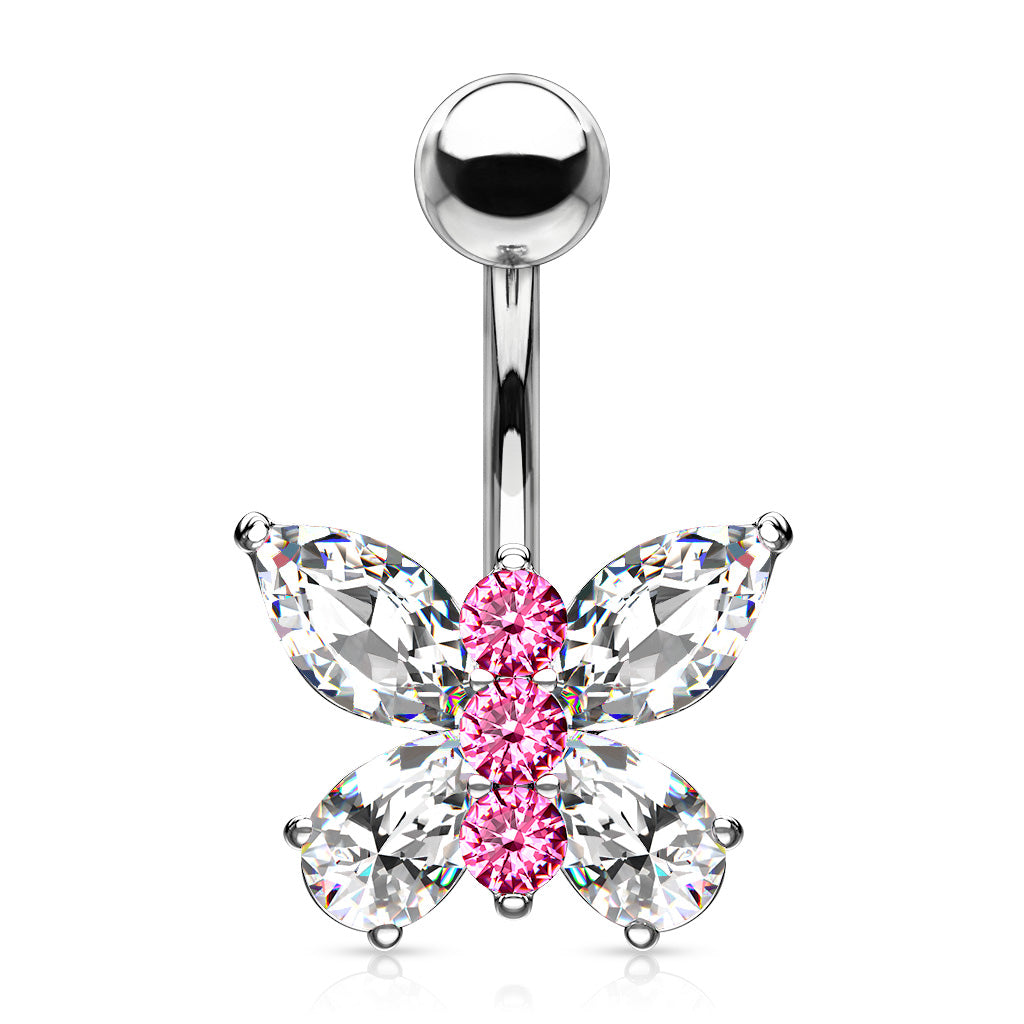 316L Surgical Steel Two Tone Butterfly Belly Button Ring - Clear/Pink