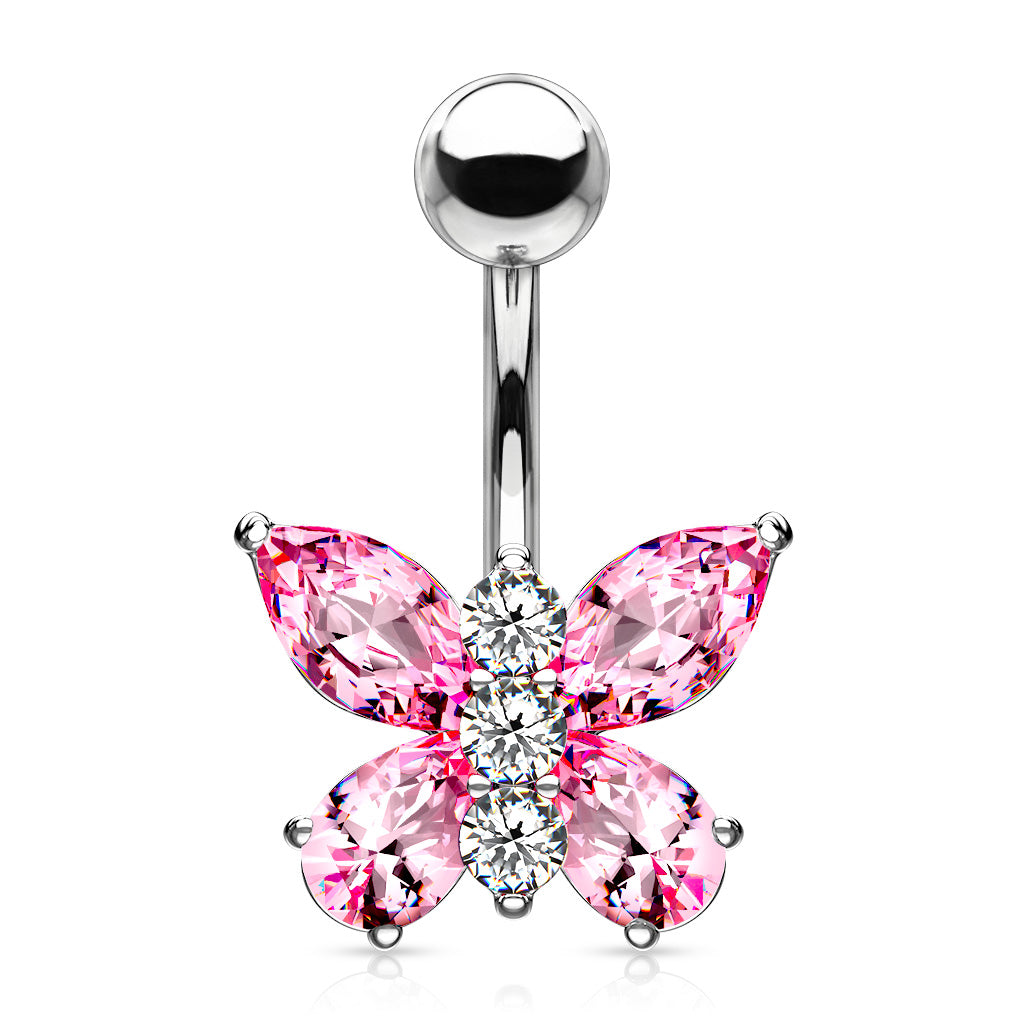 316L Surgical Steel Two Tone Butterfly Belly Button Ring - Pink/Clear