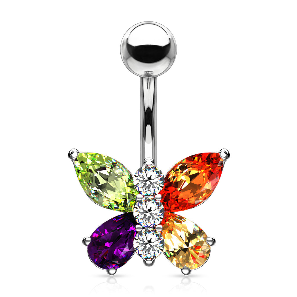 316L Surgical Steel Two Tone Butterfly Belly Button Ring - Rainbow/Clear