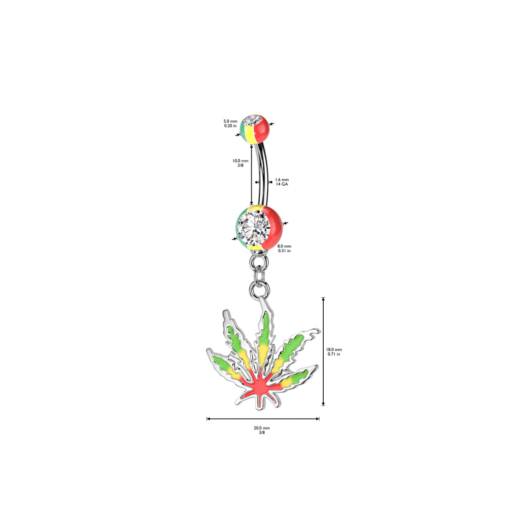 316L Surgical Steel Jamaican Pot Leaf With Jamaican Gem Ball Ends Belly Button Ring size chart
