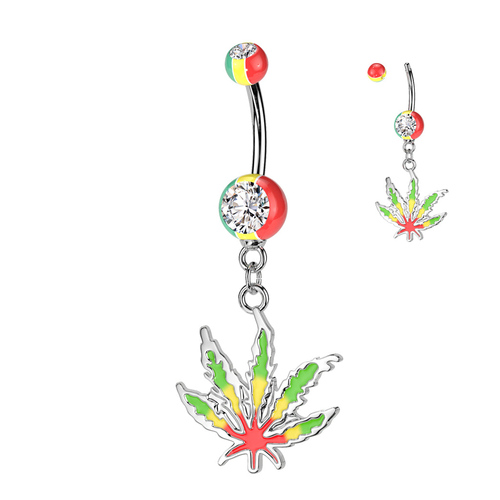 316L Surgical Steel Jamaican Pot Leaf With Jamaican Gem Ball Ends Belly Button Ring - all colors