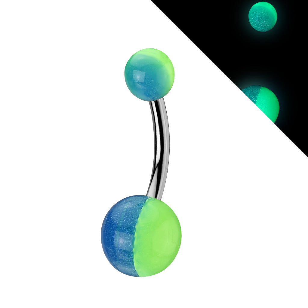 316L Surgical Stainless Steel Navel Ring With 2-tone Glow in the Dark Ball - Blue/Green
