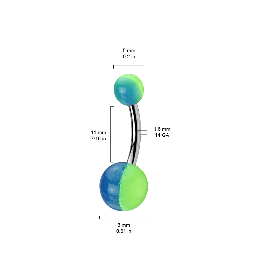 316L Surgical Stainless Steel Navel Ring With 2-tone Glow in the Dark Ball size chart