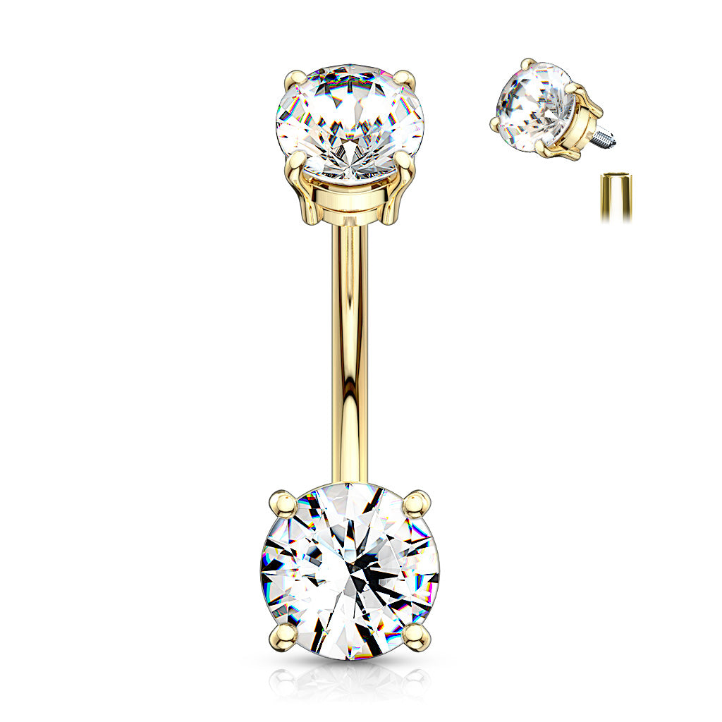 Internally Threaded Top Double Prong Set CZ 316L Surgical Steel Belly Button Navel Rings - Gold/Clear